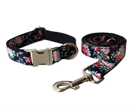 Personalised Black Peony Floral Dog Collar or Dog Collar and Lead