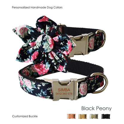 Personalised Black Peony Floral Dog Collar or Dog Collar and Lead