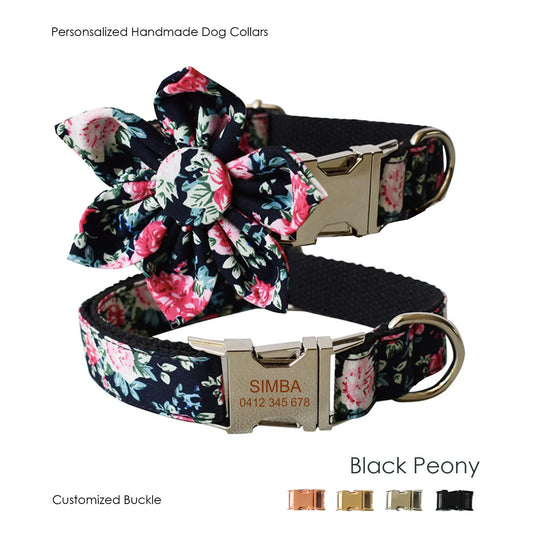 Personalised Black Peony Floral Dog Collar or Dog Collar and Lead