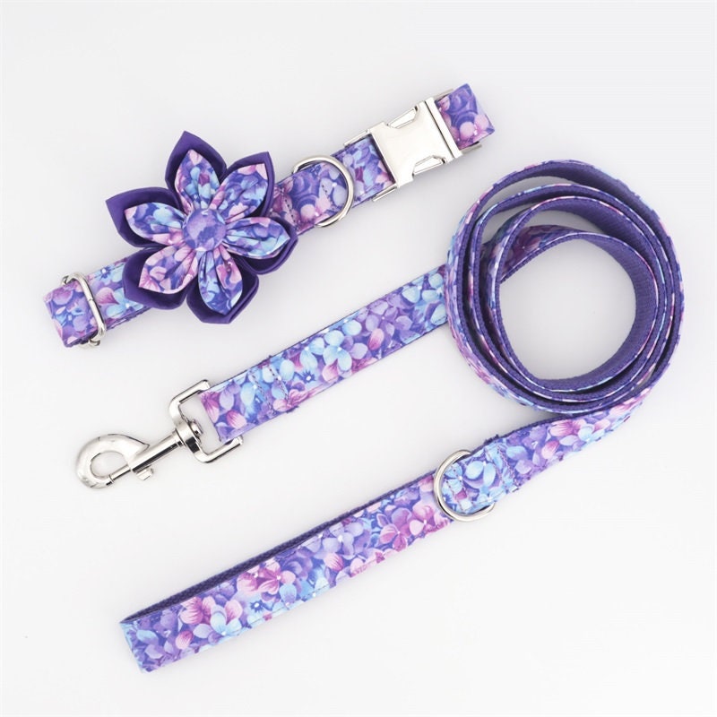 Personalised Premium Handmade Purple Floral Dog Collar or Dog Collar and Lead, CLEARANCE, ONLY LEASH+Flower