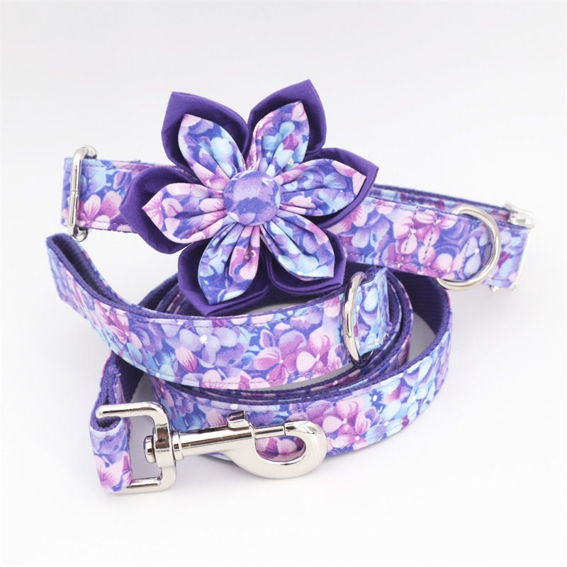 Personalised Premium Handmade Purple Floral Dog Collar or Dog Collar and Lead, CLEARANCE, ONLY LEASH+Flower