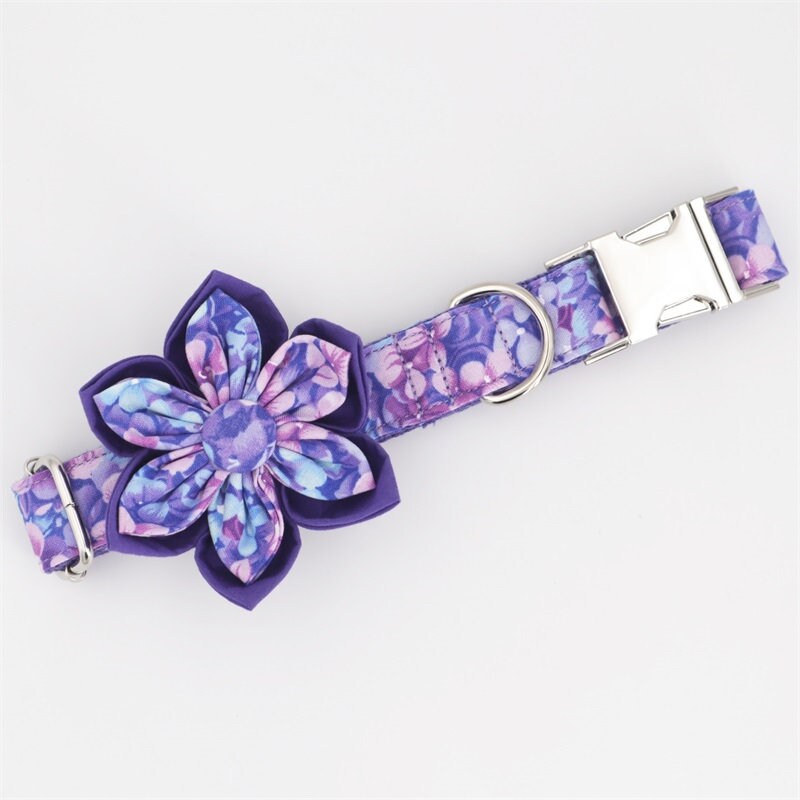 Personalised Premium Handmade Purple Floral Dog Collar or Dog Collar and Lead, CLEARANCE, ONLY LEASH+Flower