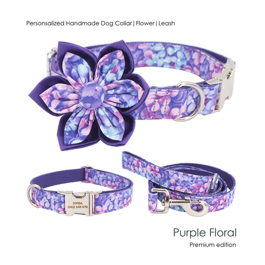 Personalised Premium Handmade Purple Floral Dog Collar or Dog Collar and Lead, CLEARANCE, ONLY LEASH+Flower