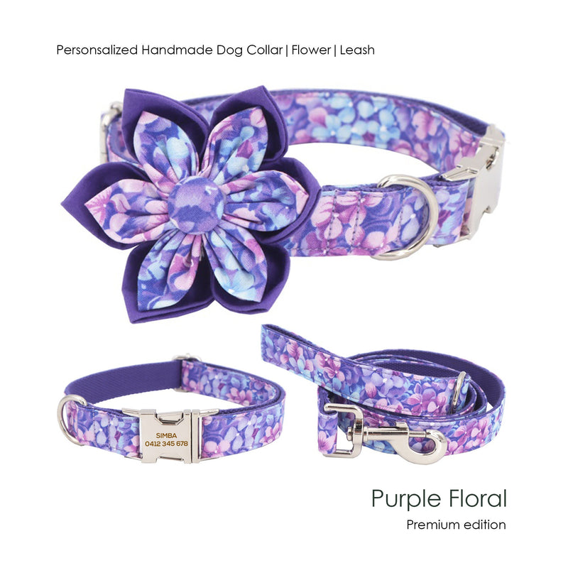 Personalized Engraved Premium Handmade Purple Floral Dog Collar or Dog Collar and Lead, CLEARANCE, ONLY LEASH+Flower