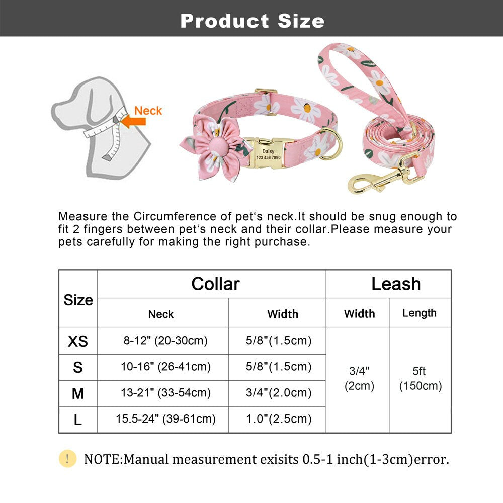 Personalised Floral Dog Collar with Pink Daisy Custom Engraved Girl Dog Collar, Removable Flower