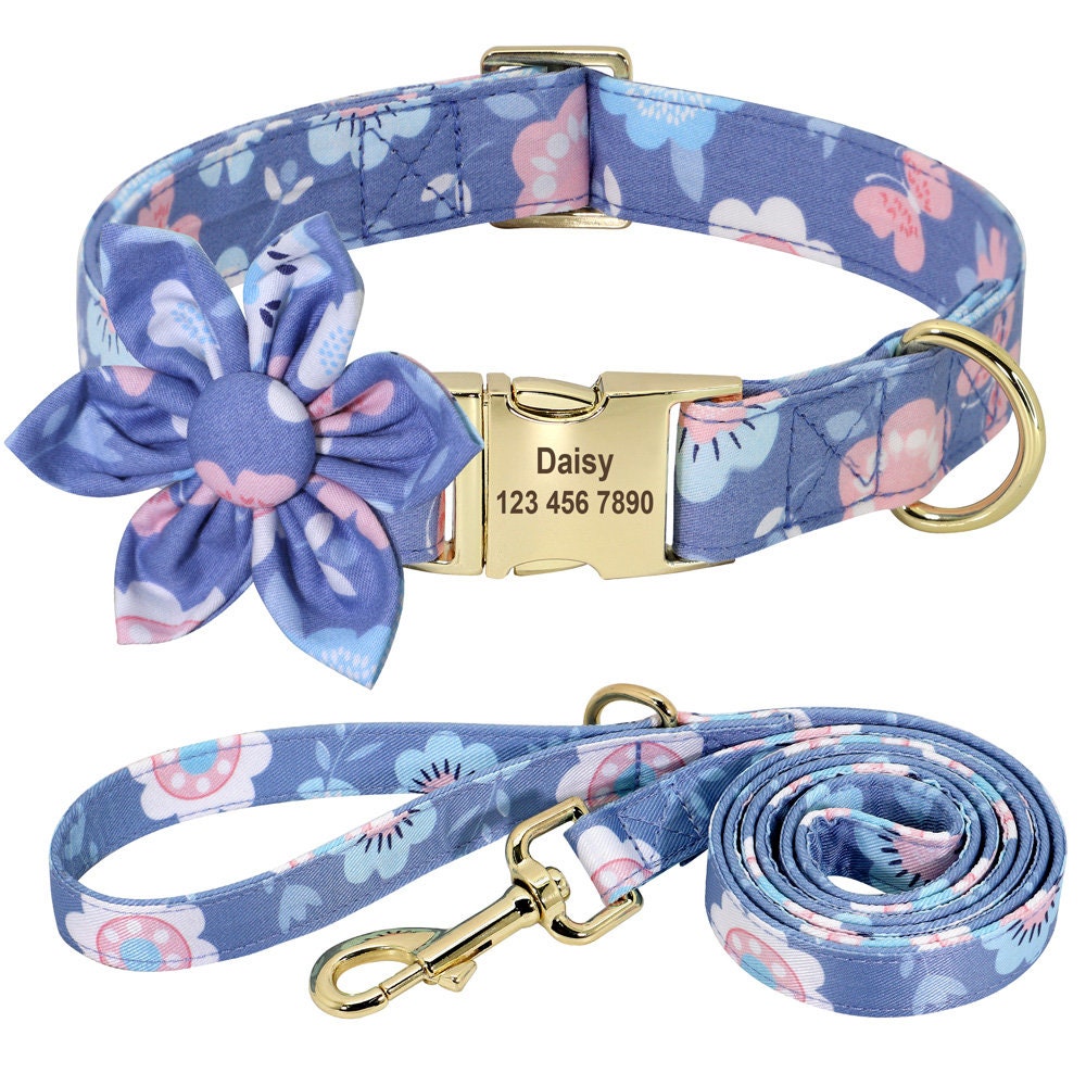 Personalised Floral Dog Collar with Pink Daisy Custom Engraved Girl Dog Collar, Removable Flower