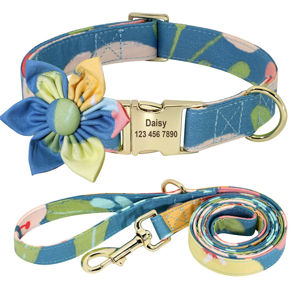 Personalised Floral Dog Collar with Pink Daisy Custom Engraved Girl Dog Collar, Removable Flower