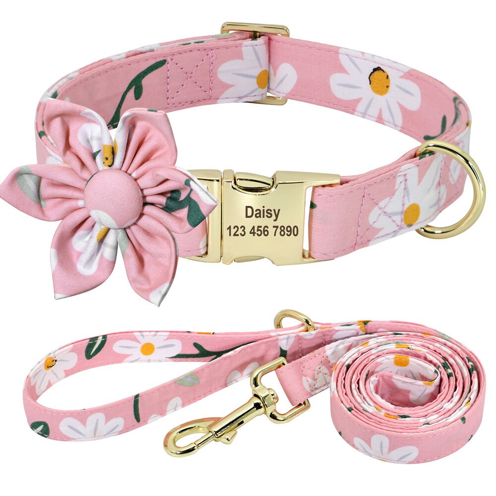 Personalised Floral Dog Collar with Pink Daisy Custom Engraved Girl Dog Collar, Removable Flower