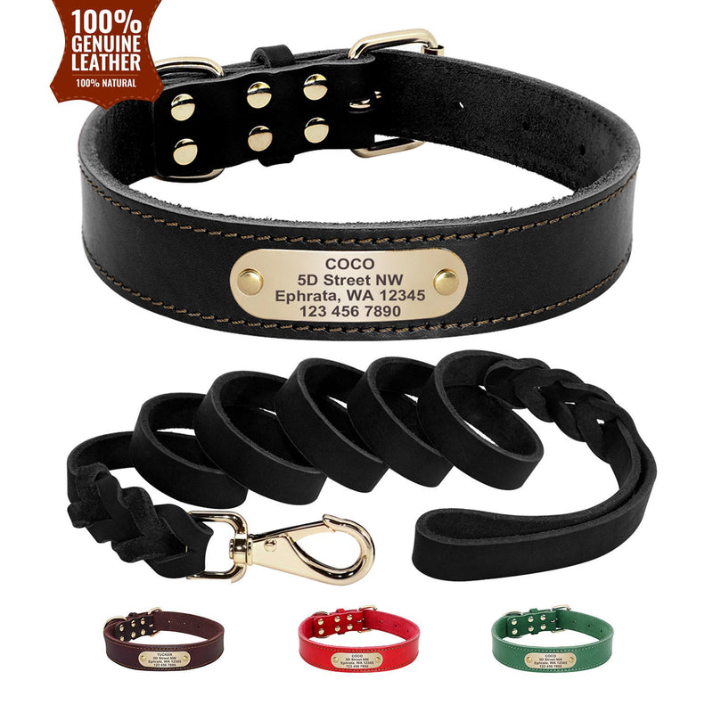 Personalized Engraved Genuine Leather Dog Collar and Leash Set in Brown, Red, Green, Black and Solid Pattern, Trendy Style for all Seasons