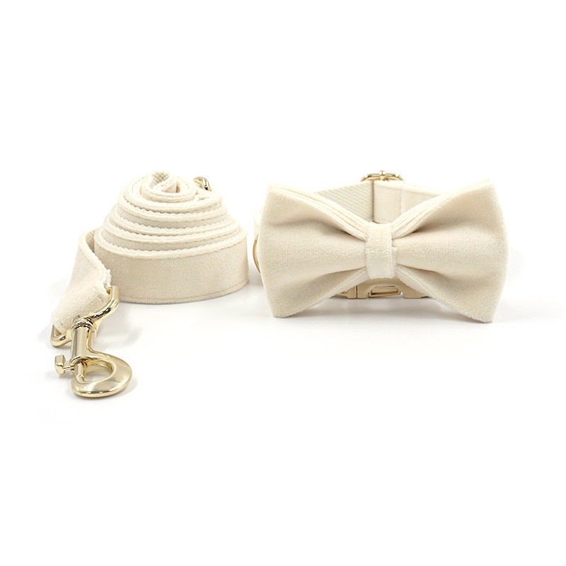 Custom Girl Cream White Personalised Dog Collar, Matching Dog Bowtie, Dog Leash, Dog Harness and Dog Poop Bag