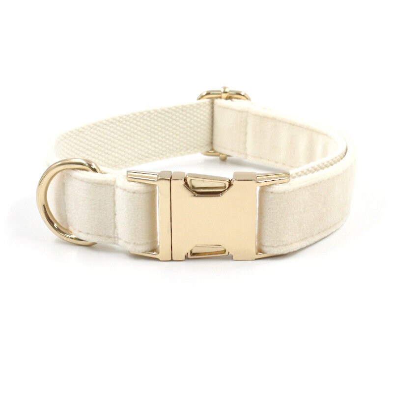 Custom Girl Cream White Personalised Dog Collar, Matching Dog Bowtie, Dog Leash, Dog Harness and Dog Poop Bag