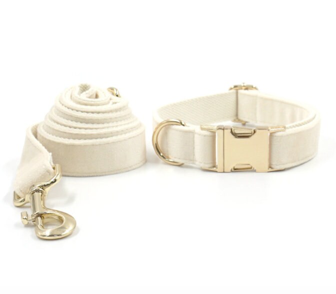 Custom Girl Cream White Personalised Dog Collar, Matching Dog Bowtie, Dog Leash, Dog Harness and Dog Poop Bag