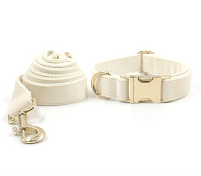 Custom Girl Cream White Personalised Dog Collar, Matching Dog Bowtie, Dog Leash, Dog Harness and Dog Poop Bag
