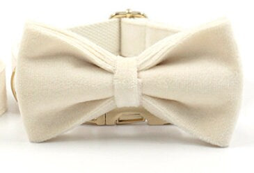 Custom Girl Cream White Personalised Dog Collar, Matching Dog Bowtie, Dog Leash, Dog Harness and Dog Poop Bag