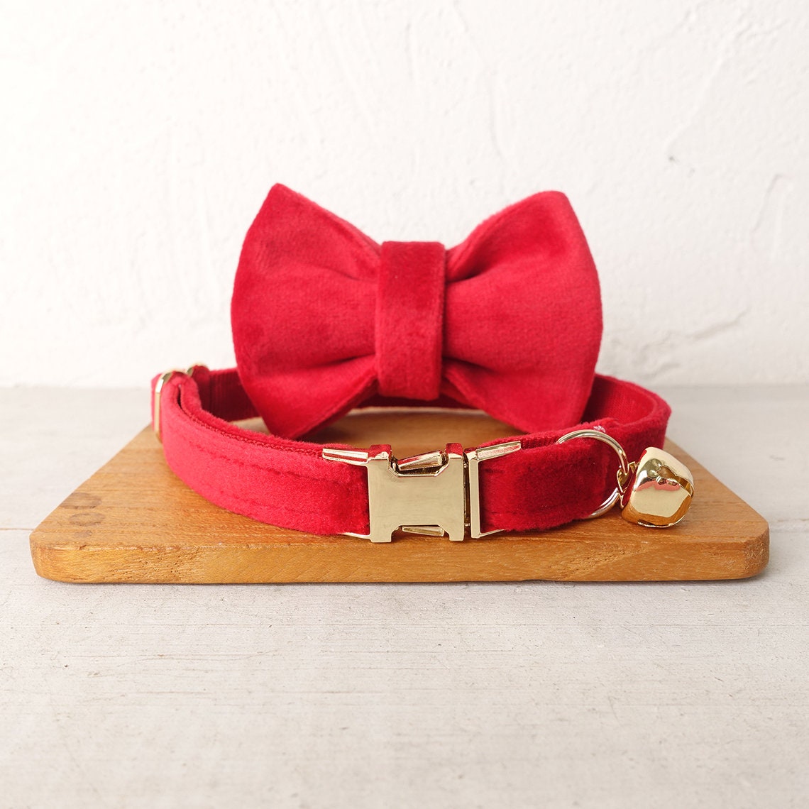 Velvet Cat Collar, Custom Puppy Collar with Name Engraved, Detachable Bowtie and Bell in Avocado Green, Red, Gray, Teal and Dust Blue