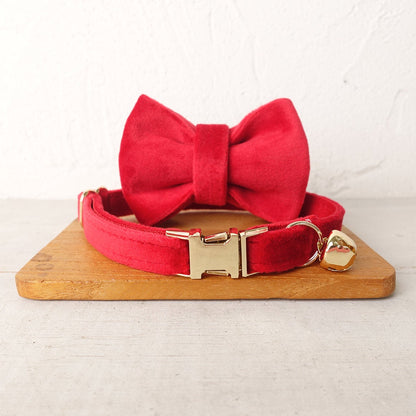 Velvet Cat Collar, Custom Puppy Collar with Name Engraved, Detachable Bowtie and Bell in Avocado Green, Red, Gray, Teal and Dust Blue