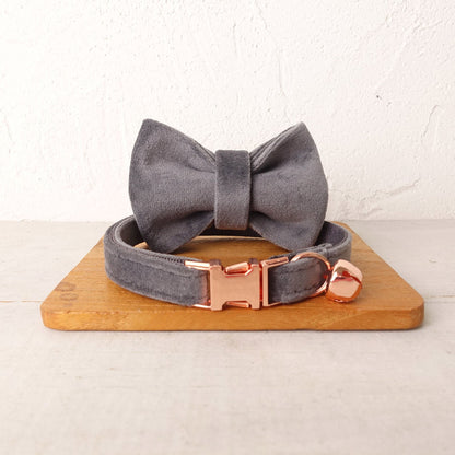 Velvet Cat Collar, Custom Puppy Collar with Name Engraved, Detachable Bowtie and Bell in Avocado Green, Red, Gray, Teal and Dust Blue