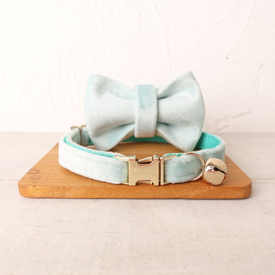 Velvet Cat Collar, Custom Puppy Collar with Name Engraved, Detachable Bowtie and Bell in Avocado Green, Red, Gray, Teal and Dust Blue