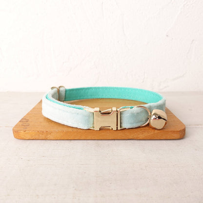 Velvet Cat Collar, Custom Puppy Collar with Name Engraved, Detachable Bowtie and Bell in Avocado Green, Red, Gray, Teal and Dust Blue