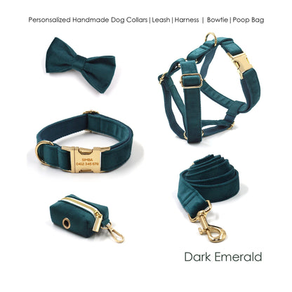 Custom Dark Emerald Personalised Dog Collar, Matching Dog Bowtie, Dog Leash, Dog Harness and Dog Poop Bag