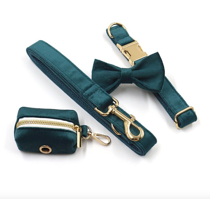 Custom Dark Emerald Personalised Dog Collar, Matching Dog Bowtie, Dog Leash, Dog Harness and Dog Poop Bag