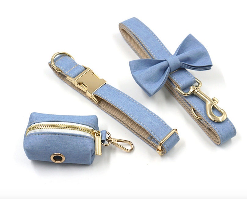 Custom Light Jean Personalised Dog Collar, Matching Dog Bowtie, Dog Leash, Dog Harness and Dog Poop Bag