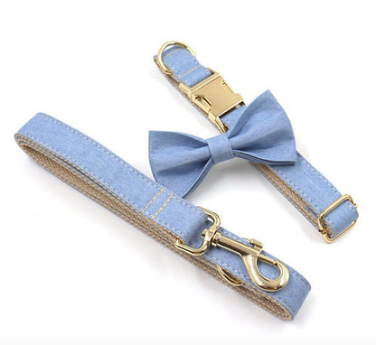Custom Light Jean Personalised Dog Collar, Matching Dog Bowtie, Dog Leash, Dog Harness and Dog Poop Bag