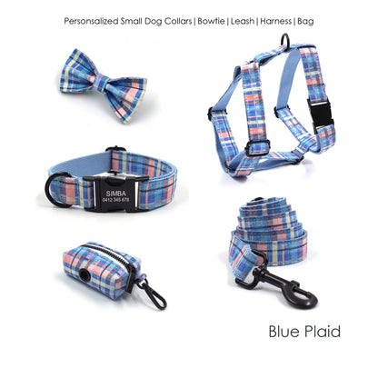 Custom Blue Plaid Personalised Dog Collar, Matching Dog Bowtie, Dog Leash, Dog Harness and Dog Poop Bag