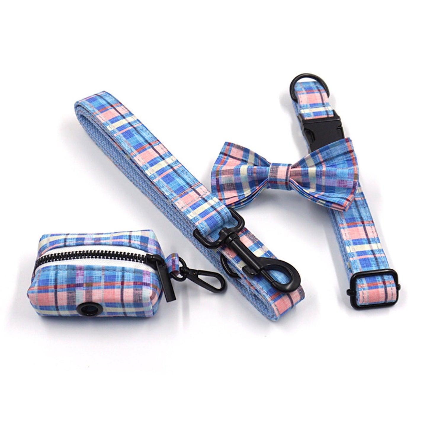 Custom Blue Plaid Personalised Dog Collar, Matching Dog Bowtie, Dog Leash, Dog Harness and Dog Poop Bag