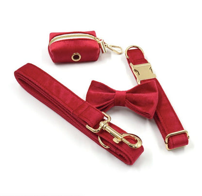 Personalised Dog Collar, Matching Bowtie, Leash, Harness and Poop Bag in Red and Gold, Great for New Year and Christmas