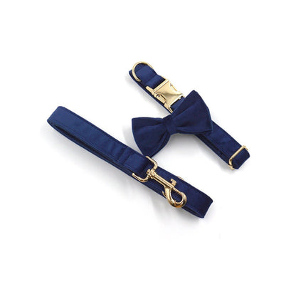 Custom Navy Blue Gold Personalised Dog Collar, Matching Dog Bowtie, Dog Leash, Dog Harness and Dog Poop Bag