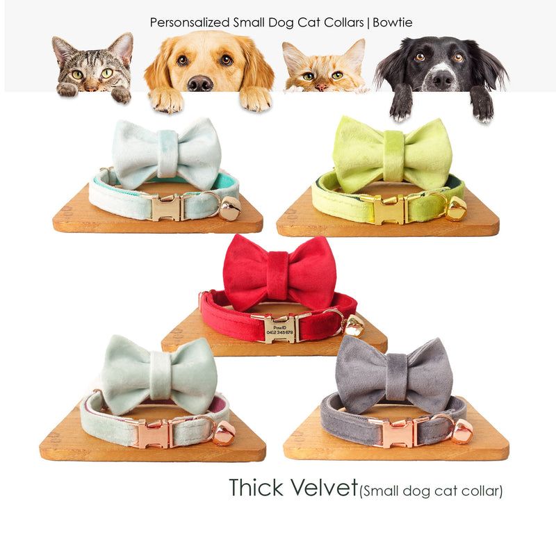 Velvet Cat Collar, Custom Puppy Collar with Name Engraved, Detachable Bowtie and Bell in Avocado Green, Red, Gray, Teal and Dust Blue