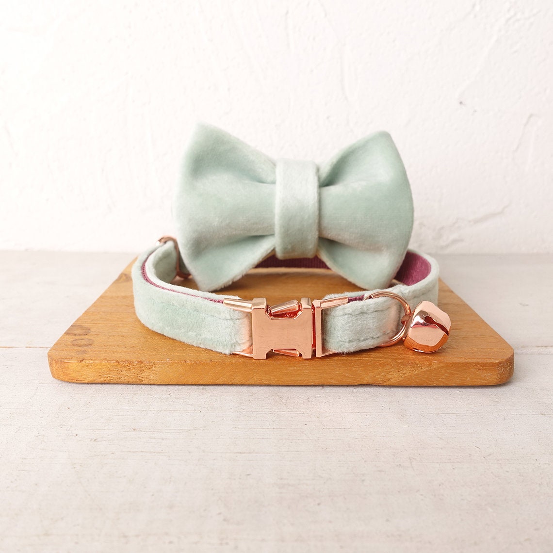 Velvet Cat Collar, Custom Puppy Collar with Name Engraved, Detachable Bowtie and Bell in Avocado Green, Red, Gray, Teal and Dust Blue
