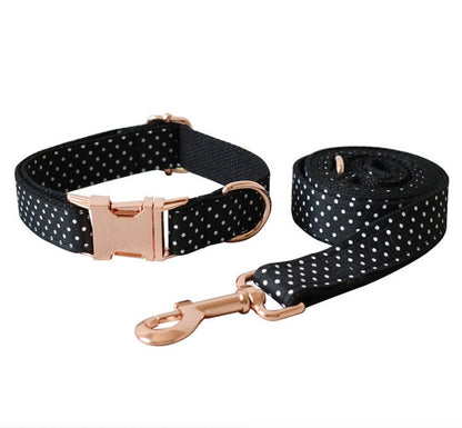 Personalised Black Polka Dog Collar or Dog Collar and Lead Set