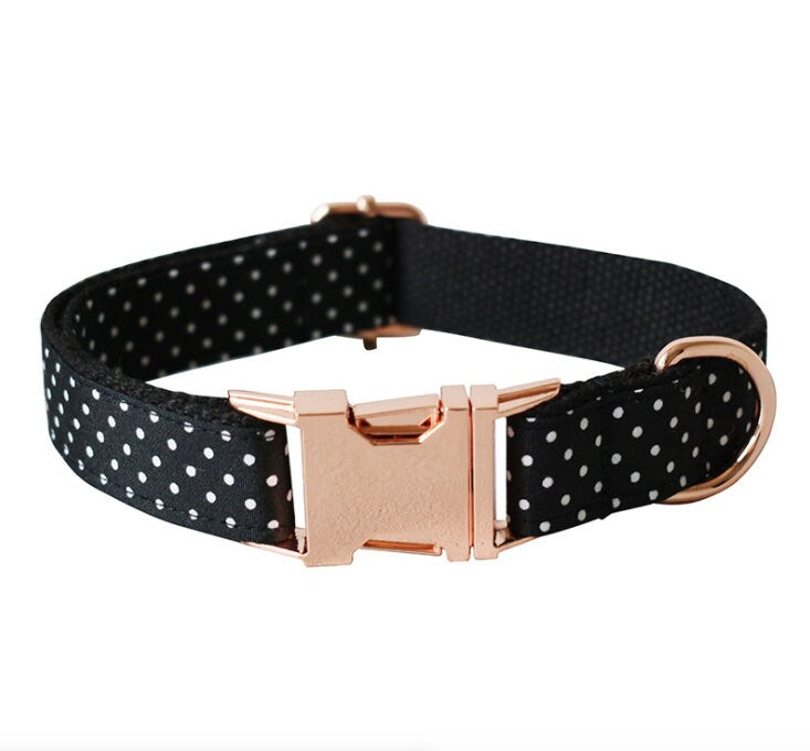 Personalised Black Polka Dog Collar or Dog Collar and Lead Set