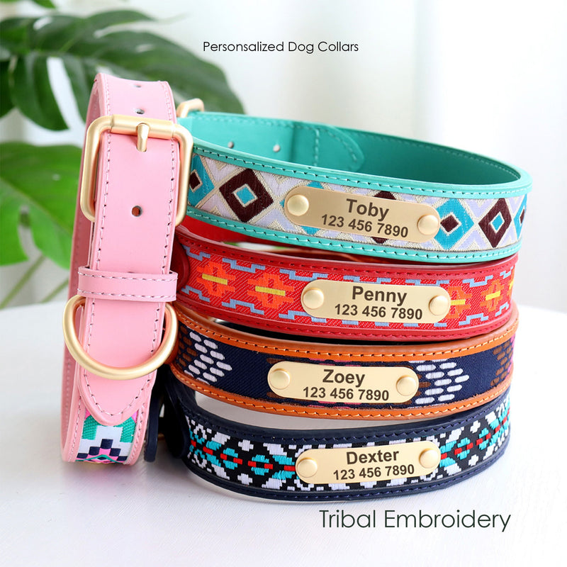 Personalized Engraved Dog Collar Tribal Embroidery Genuine Cow Leather Dog Collar with Custom Name Plate