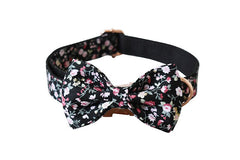 Personalized Engraved Handmade Black Floral Dog Collar or Dog Collar and Lead Set, Matching Bowtie and Step-in Harness Available