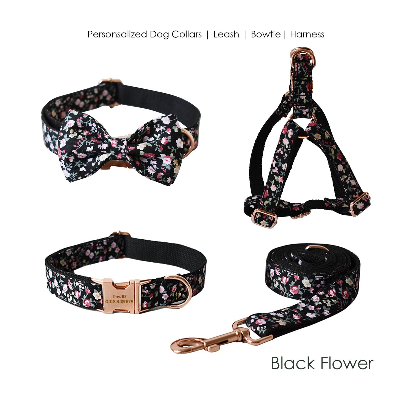 Personalised Black Floral Dog Collar or Dog Collar and Lead Set