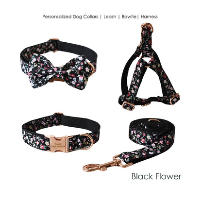 Personalised Black Floral Dog Collar or Dog Collar and Lead Set