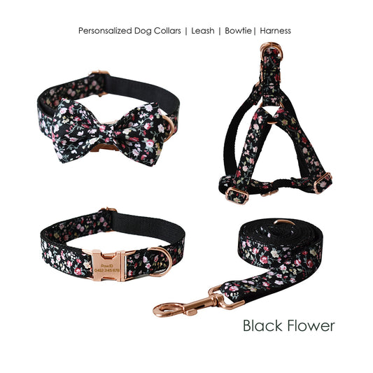 Personalised Black Floral Dog Collar or Dog Collar and Lead Set