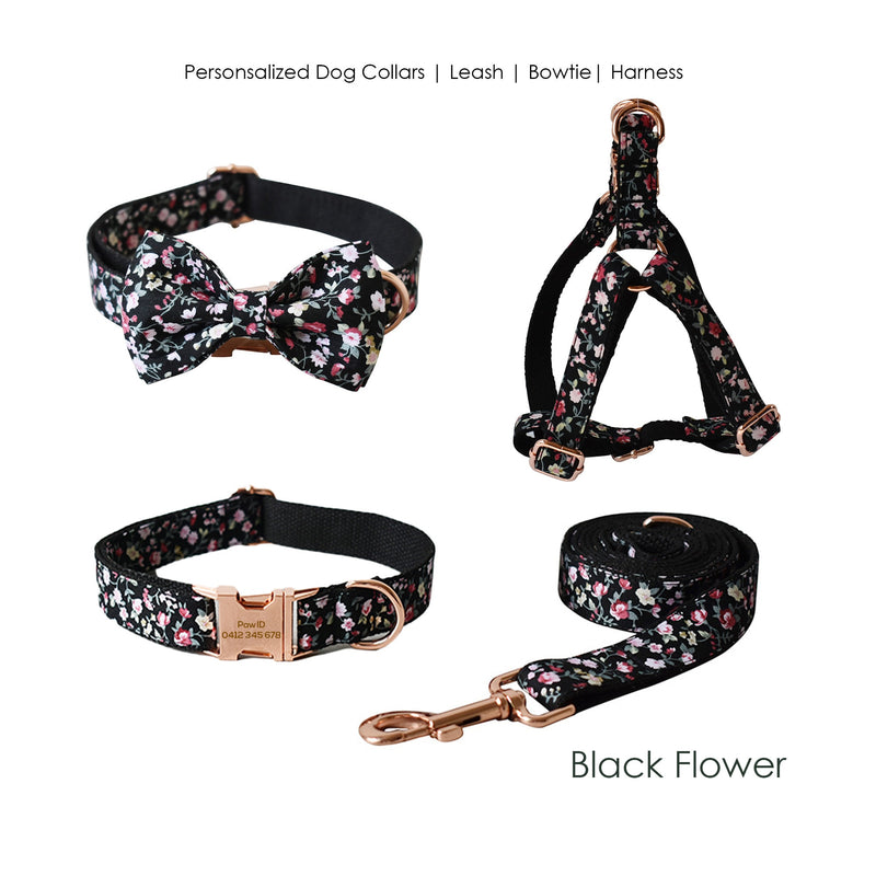 Personalized Engraved Handmade Black Floral Dog Collar or Dog Collar and Lead Set, Matching Bowtie and Step-in Harness Available