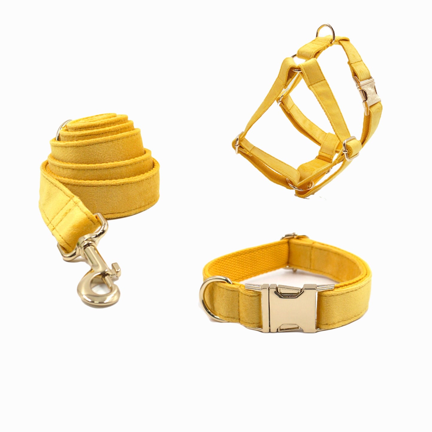 Yellow Dog Collar Soft Velvet Custom with Name, Personalised H Harness, Leash Set, Bow, Flower, Poop Bag Holder