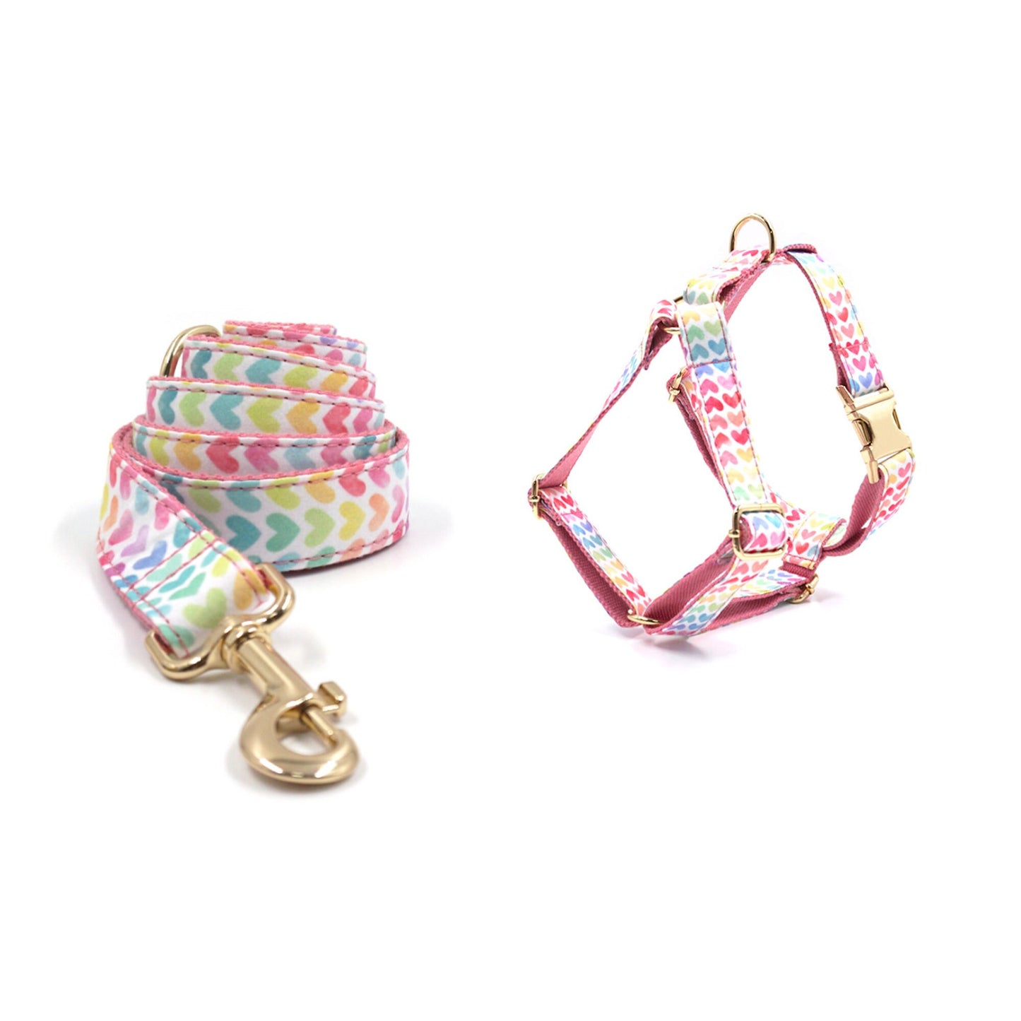 Personalised Dog Collar, with Matching Bowtie, Leash, Harness Dog Poop Bag in Colorful Hearts Pattern