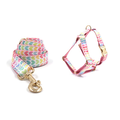 Personalised Dog Collar, with Matching Bowtie, Leash, Harness Dog Poop Bag in Colorful Hearts Pattern