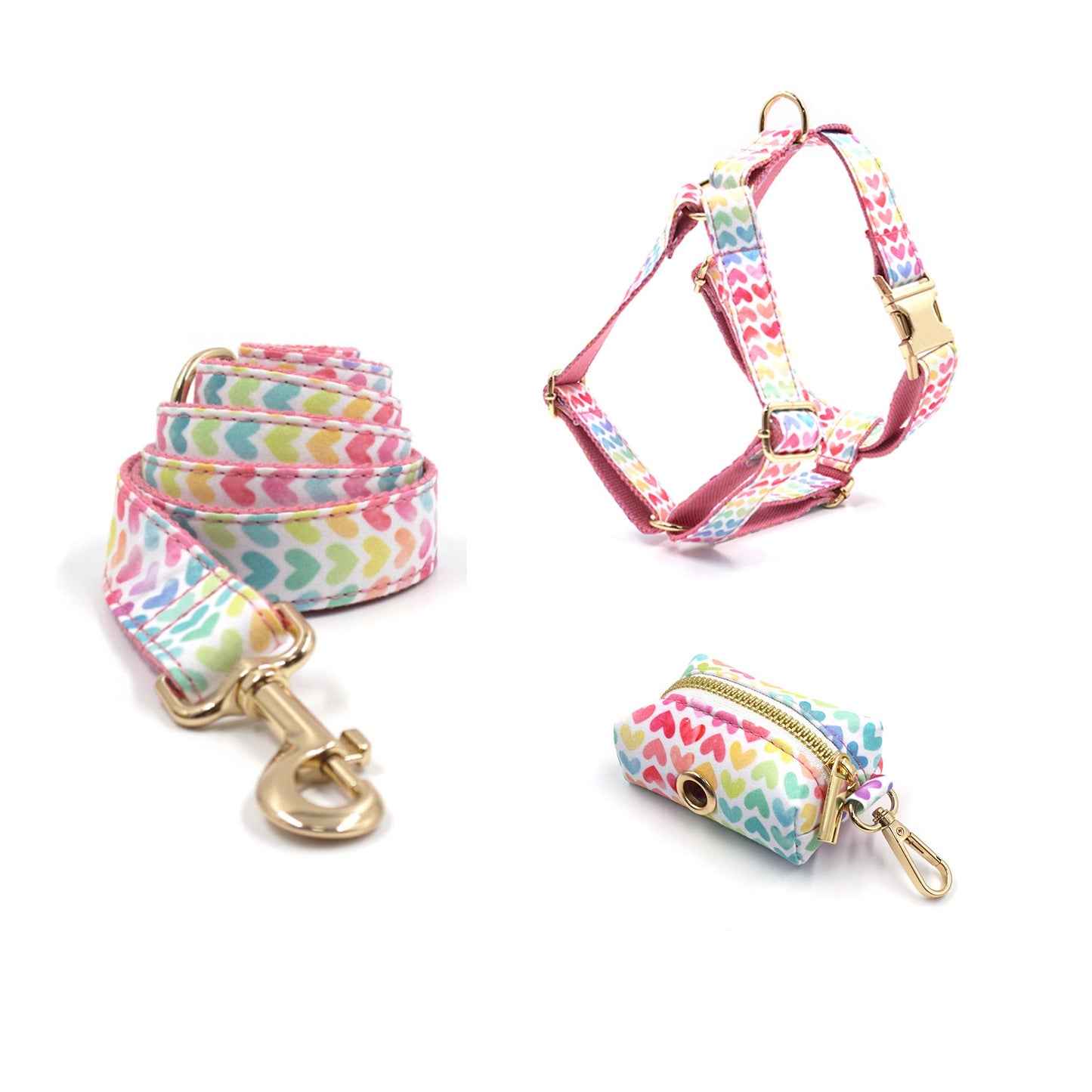 Personalised Dog Collar, with Matching Bowtie, Leash, Harness Dog Poop Bag in Colorful Hearts Pattern