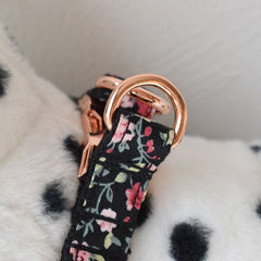 Personalized Engraved Handmade Black Floral Dog Collar or Dog Collar and Lead Set, Matching Bowtie and Step-in Harness Available