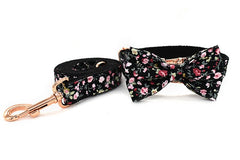 Personalized Engraved Handmade Black Floral Dog Collar or Dog Collar and Lead Set, Matching Bowtie and Step-in Harness Available