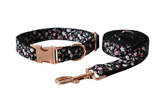 Personalized Engraved Handmade Black Floral Dog Collar or Dog Collar and Lead Set, Matching Bowtie and Step-in Harness Available