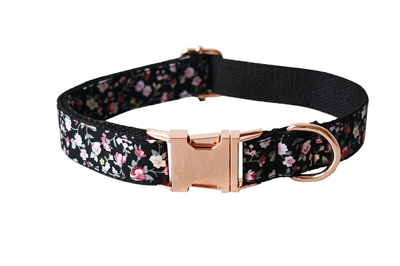 Personalised Black Floral Dog Collar or Dog Collar and Lead Set