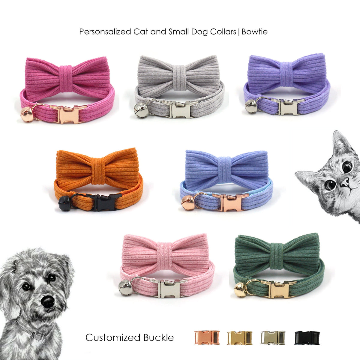 Personalised Thick Velvet Stripe Cat Puppy Small Dog Collar with Detachable Bowtie Free Name Engraving